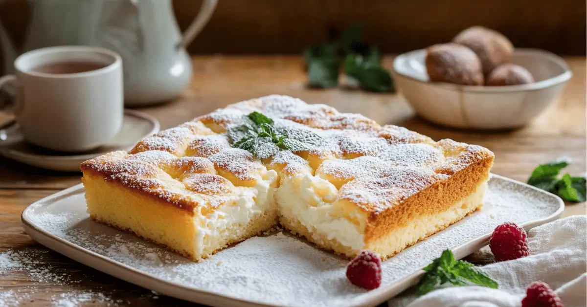 kefir sheet cake recipe card with lemon glaze