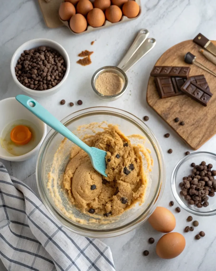 mixing protein cookie dough in a glass bowl