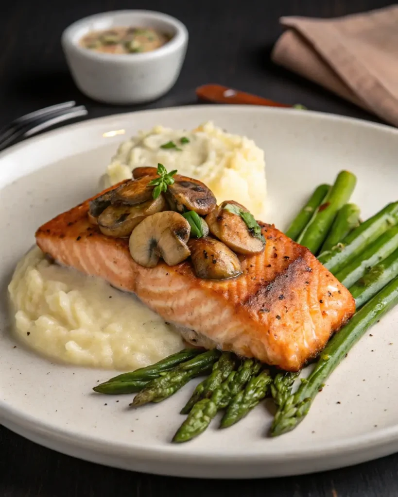 plated salmon mushroom with sides