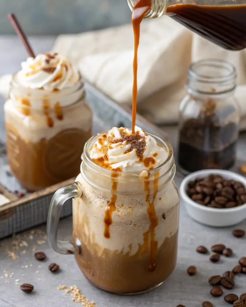 pouring sugar free caramel syrup into iced coffee