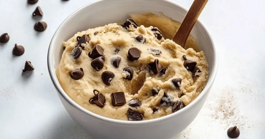 protein cookie dough recipe with chocolate chips in a bowl
