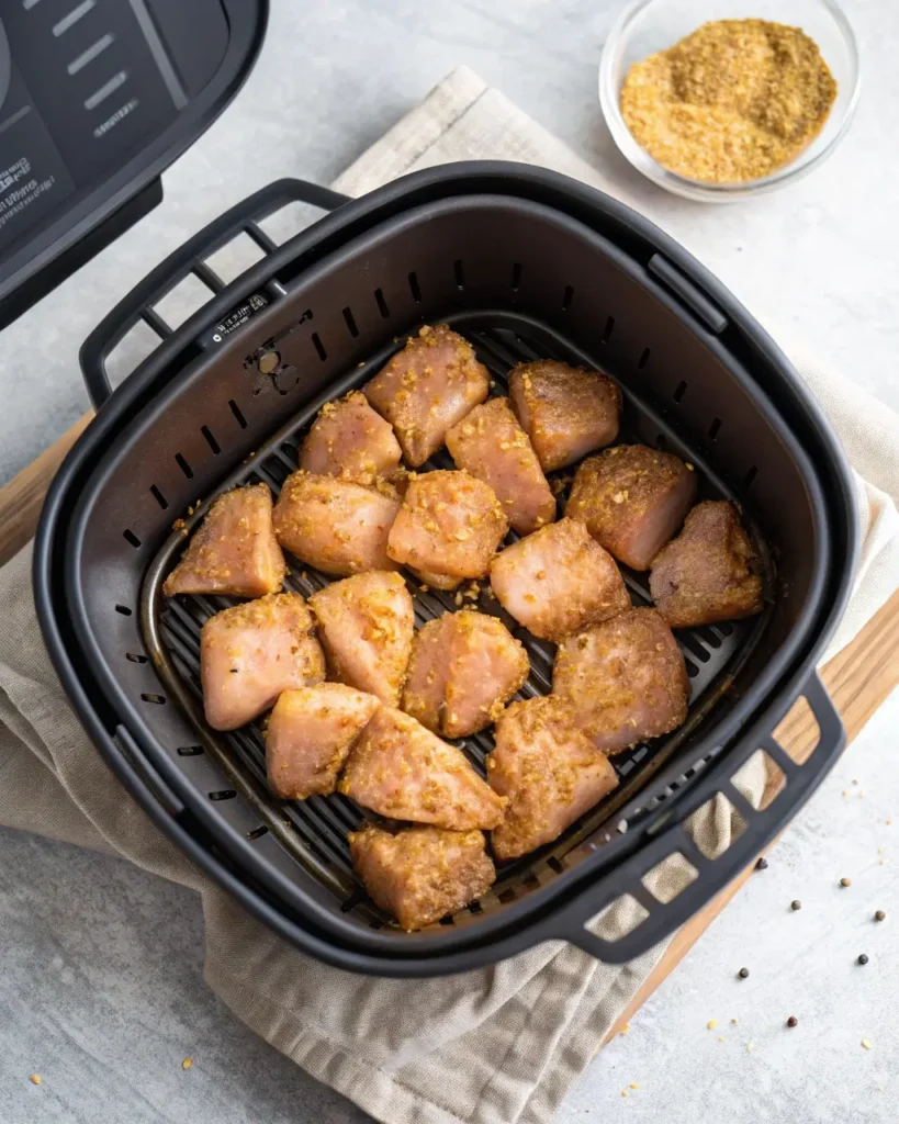 raw seasoned chicken bites in air fryer basket
