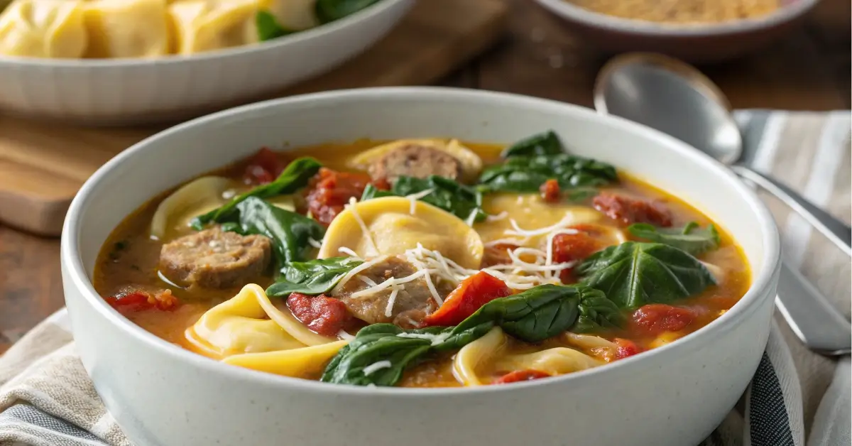 sausage tortellini soup in a rustic bowl