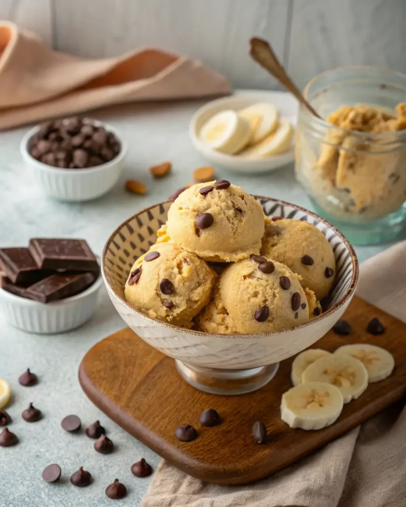 serving protein cookie dough with banana slices