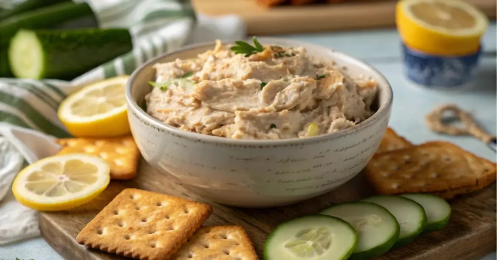 smoked tuna dip with crackers and cucumber slices