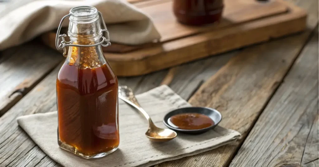 sugar free caramel syrup on rustic wooden table