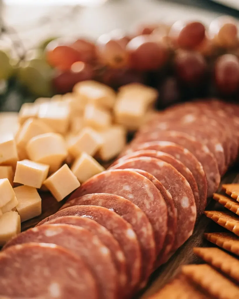 summer sausage slices on charcuterie board