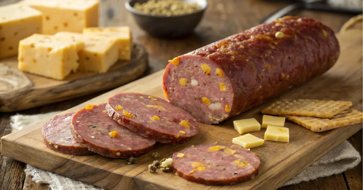 summer sausage slices with mustard seeds on wood board