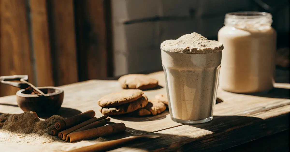 Cookie butter protein powder scoop with cinnamon and cookies