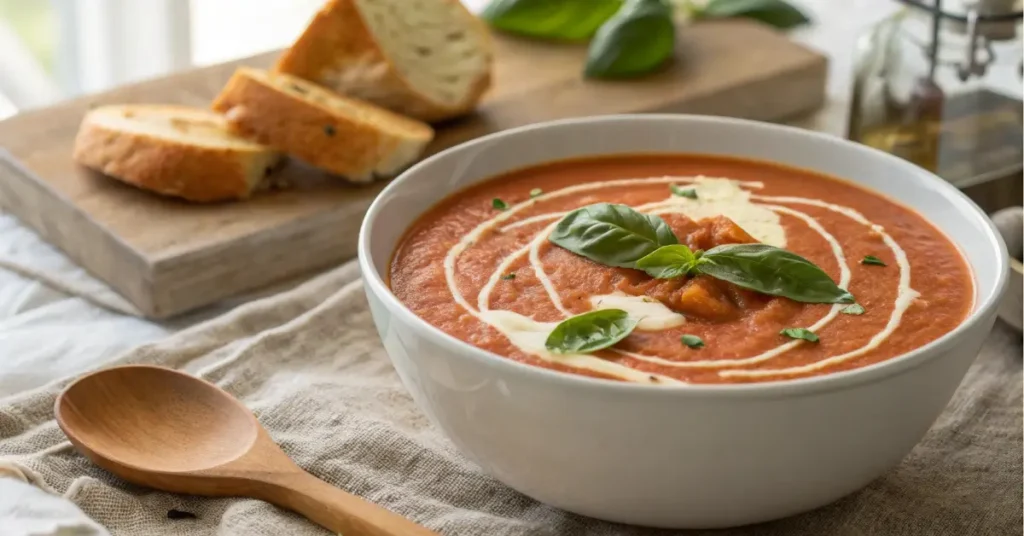 Creamy tomato bisque soup recipe in a bowl with basil