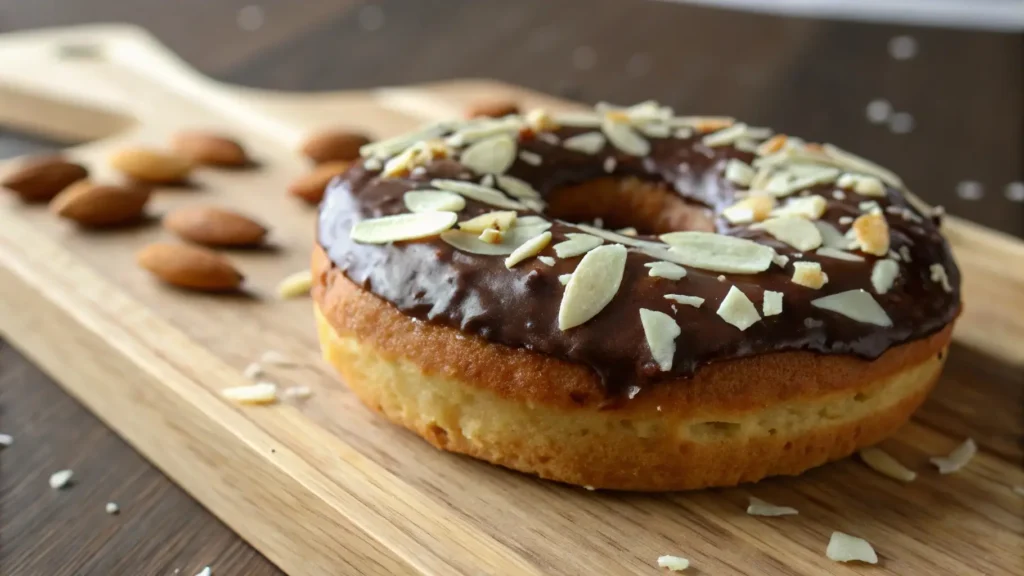 Protein donut topped with chocolate glaze on wooden background