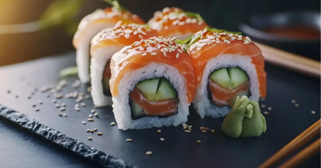 alaska roll on plate with avocado and salmon