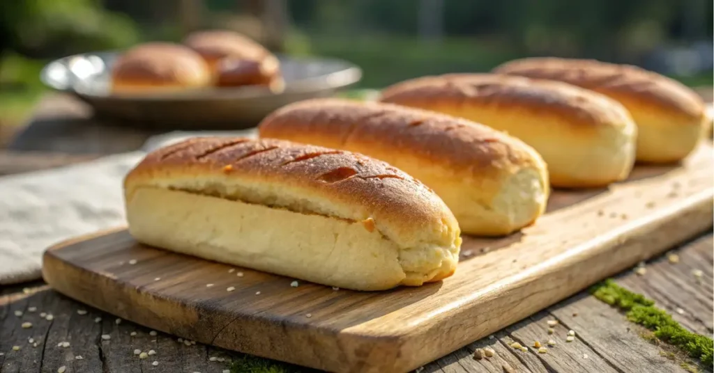 fresh baked low carb hot dog buns on rustic board