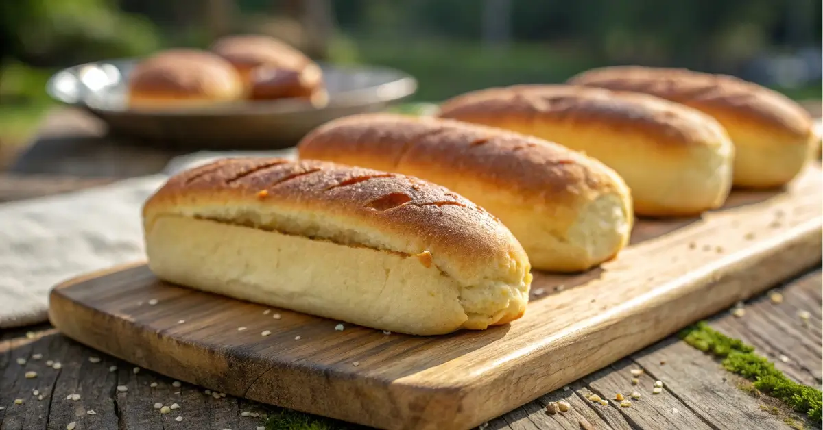 fresh baked low carb hot dog buns on rustic board