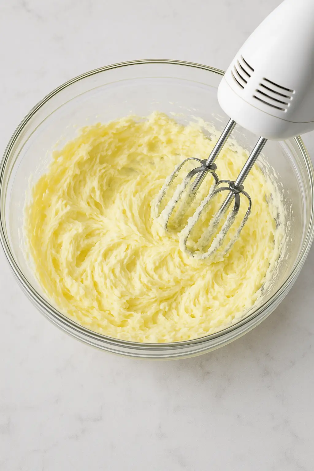 Creamed butter and sugar in a glass mixing bowl with hand mixer