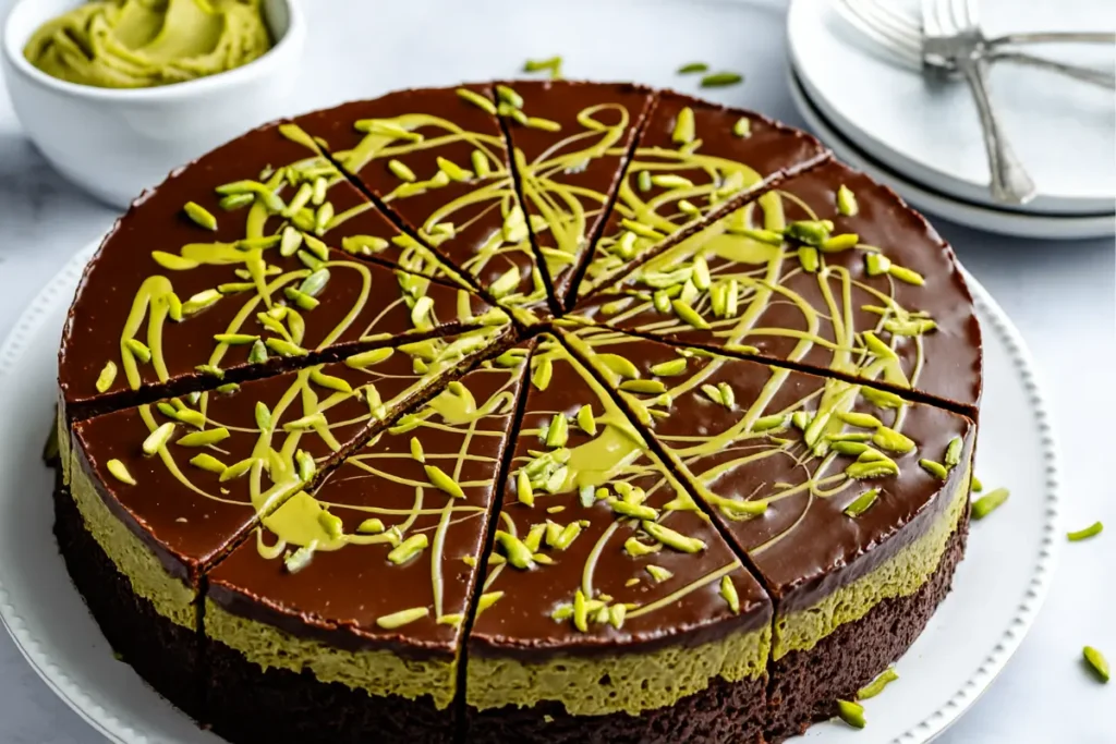 Slice of Dubai Chocolate Cake topped with edible gold leaf