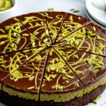Slice of Dubai Chocolate Cake topped with edible gold leaf