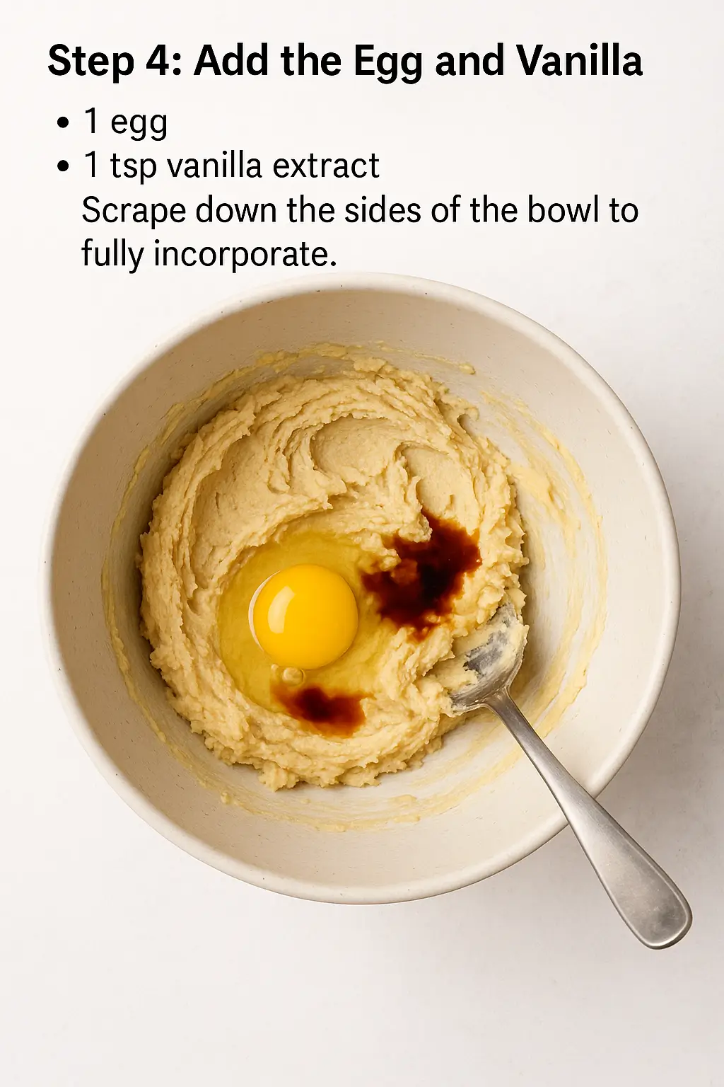 Egg and vanilla extract added to mixing bowl of whoopie pie batter