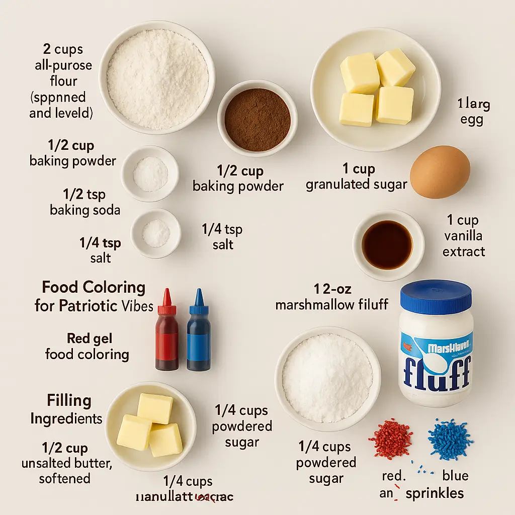 Flatlay of Patriotic Whoopie Pies ingredients including flour, butter, cocoa powder, marshmallow fluff, and red and blue gel coloring