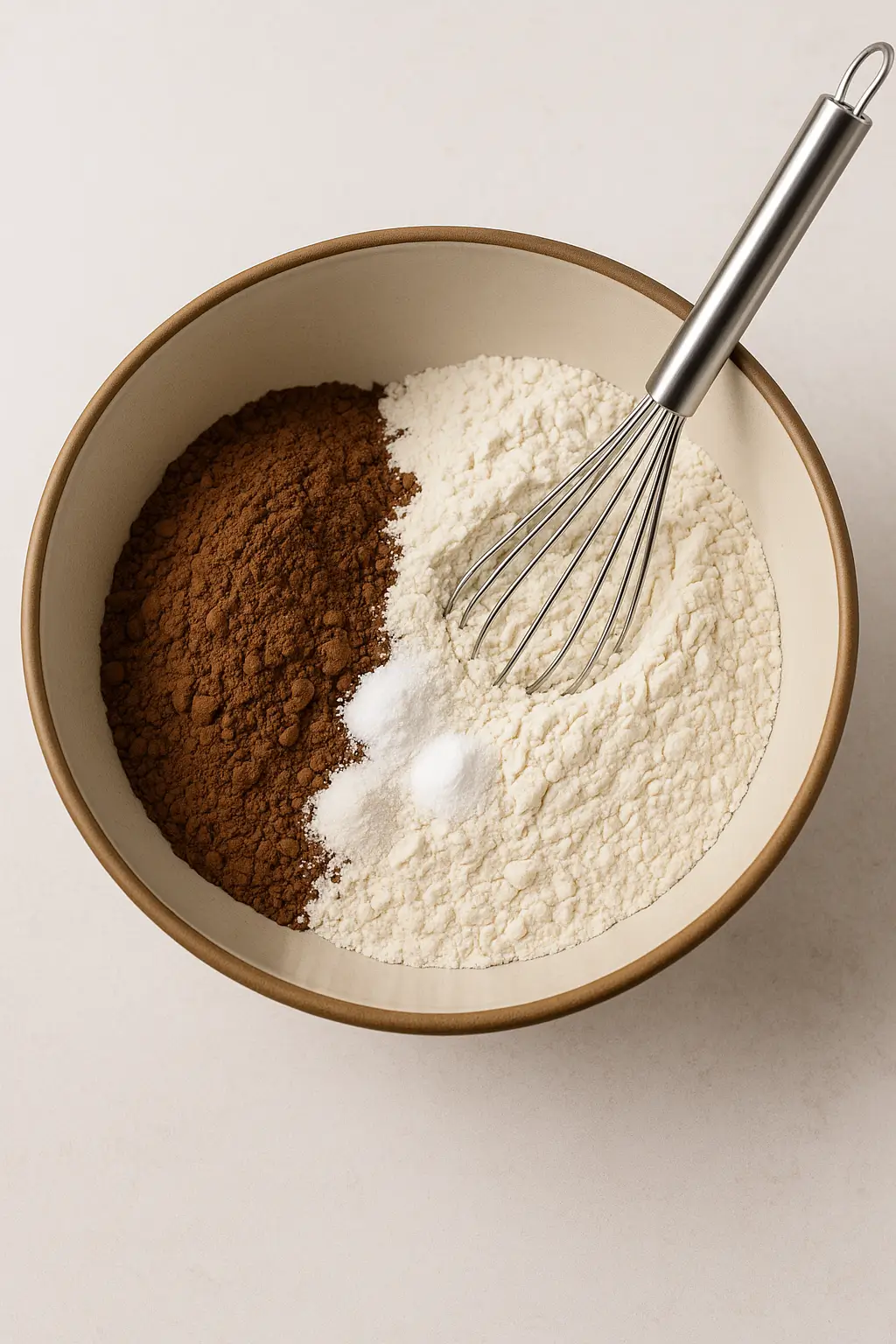 Mixing bowl with flour, cocoa powder, baking powder, and baking soda for whoopie pies