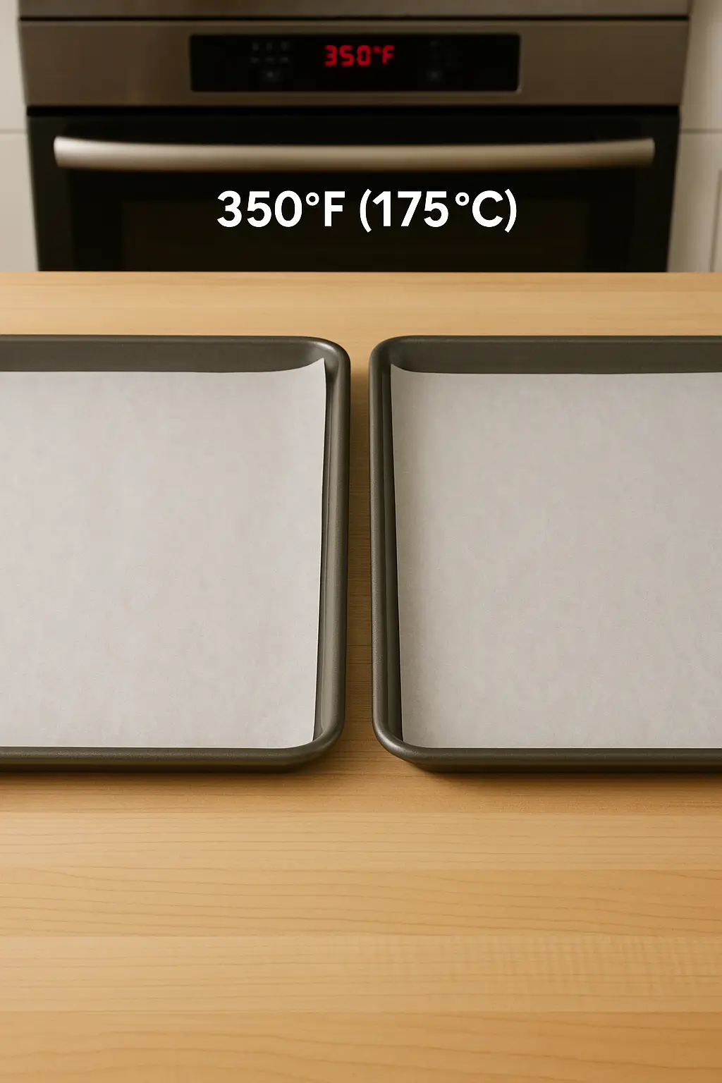 Oven preheated to 350°F with parchment-lined baking trays ready for whoopie pies