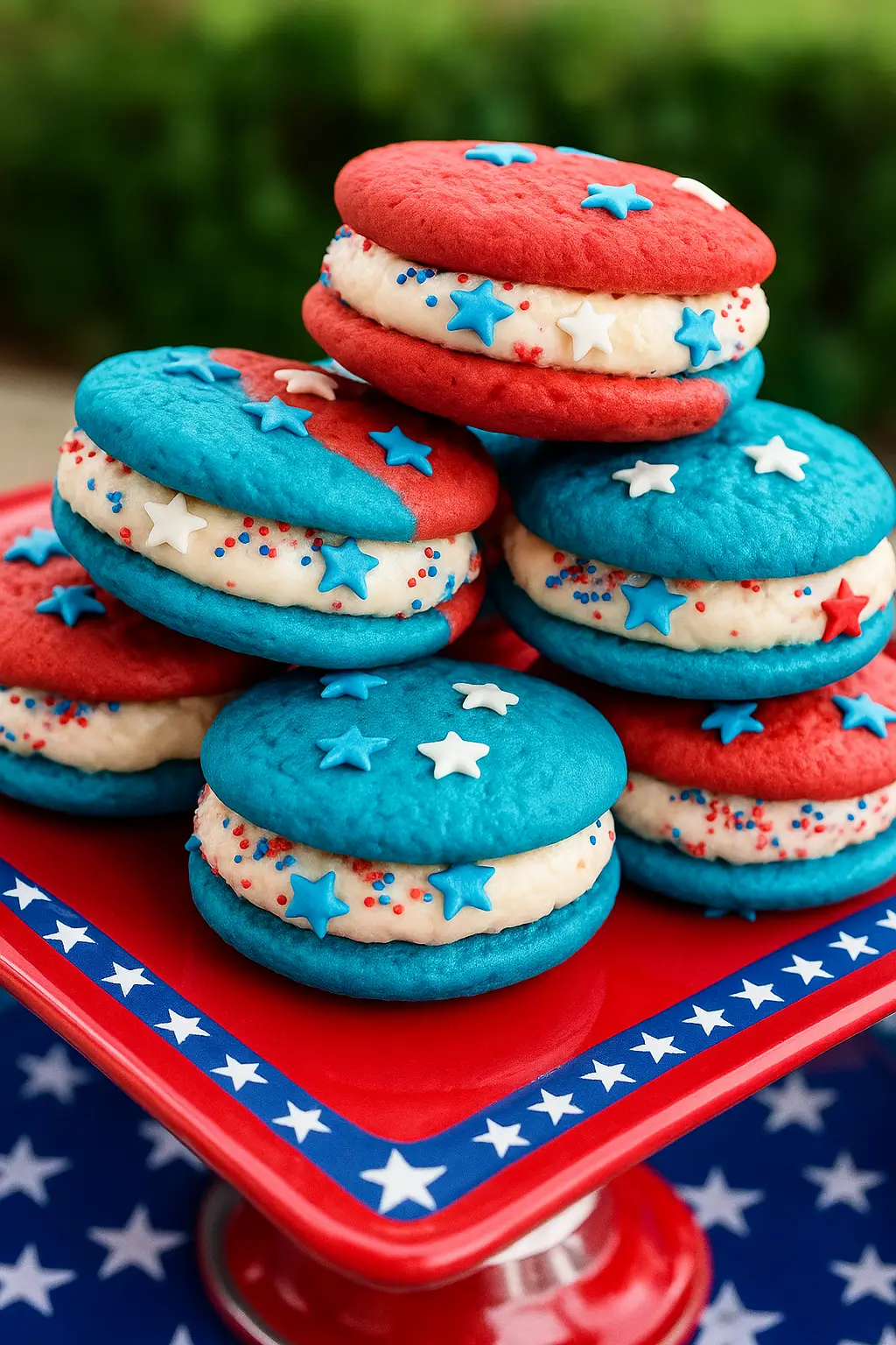 Patriotic Whoopie Pies on tiered tray at 4th of July dessert table