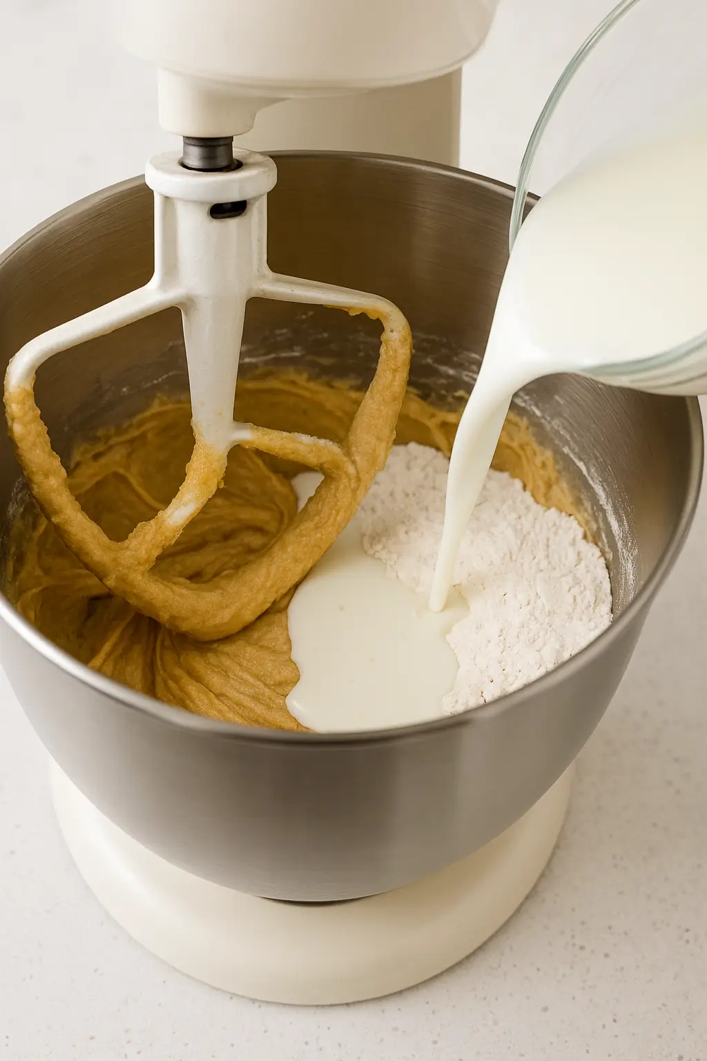 Pouring buttermilk into stand mixer with dry ingredients and whoopie pie batter