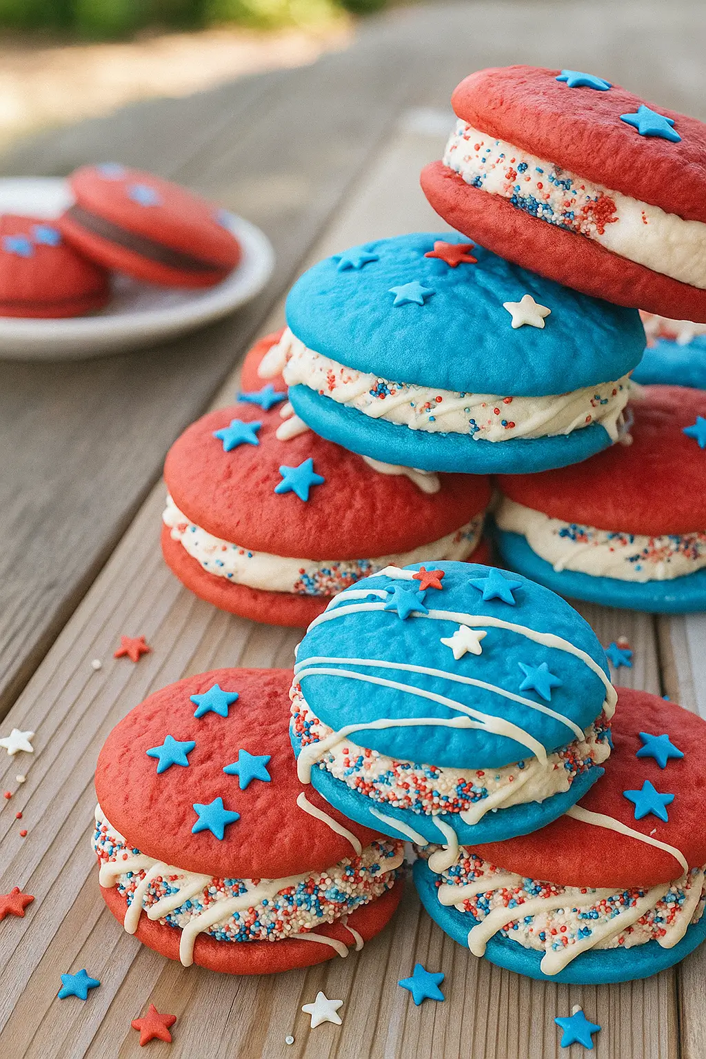 Stack of red and blue Patriotic Whoopie Pies with star sprinkles and creamy filling