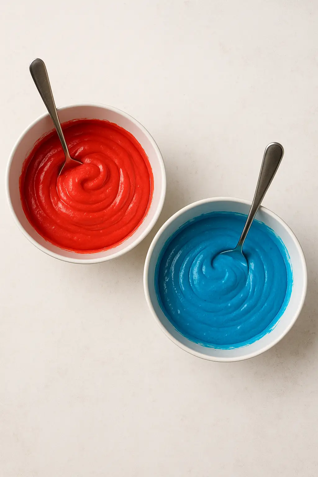 Two bowls of red and blue whoopie pie batter with spoons on light background