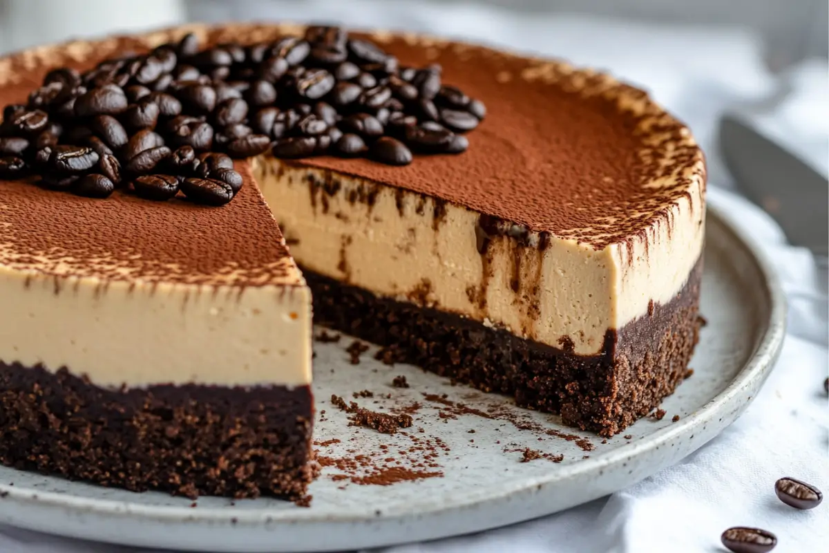 creamy coffee cheesecake topped with whipped cream