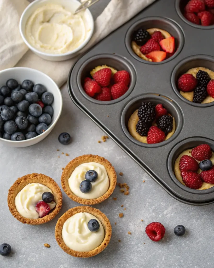 Assembling Berry Cheesecake Bites in muffin cups