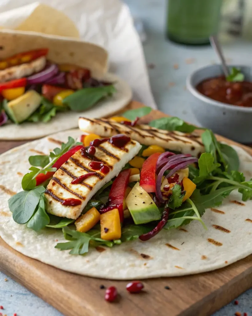 Assembling sweet chili halloumi wraps with fresh vegetables