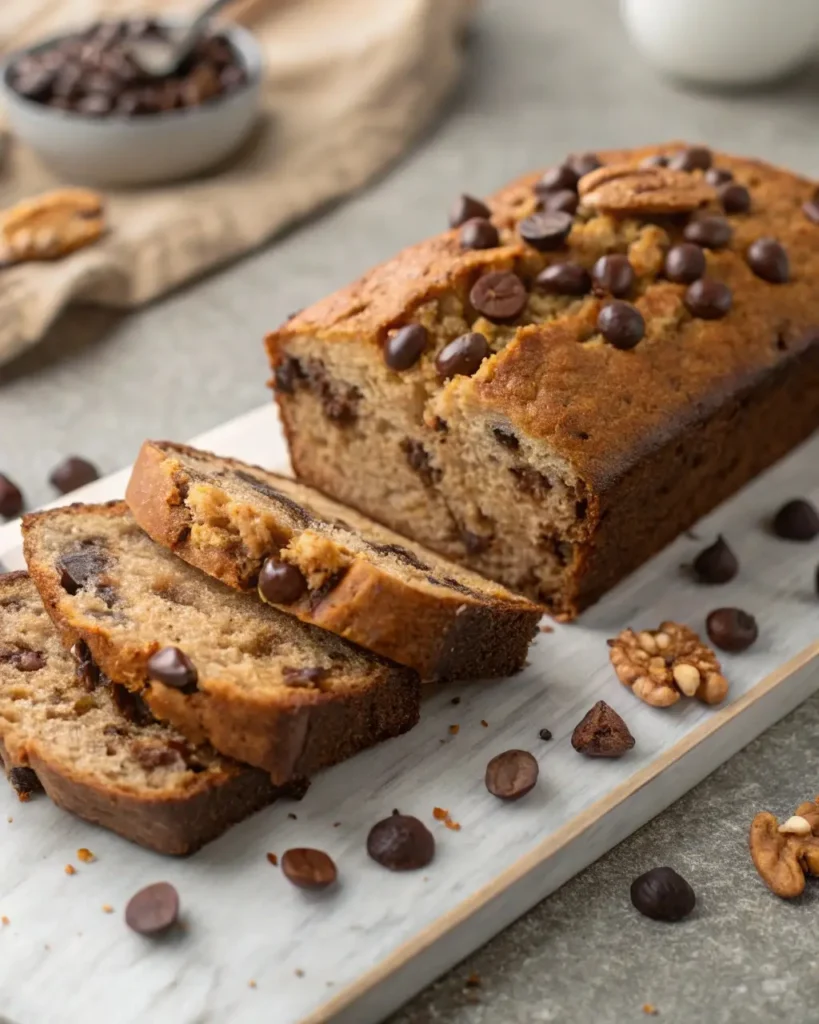 Banana bread with cake mix, chocolate chips and nuts