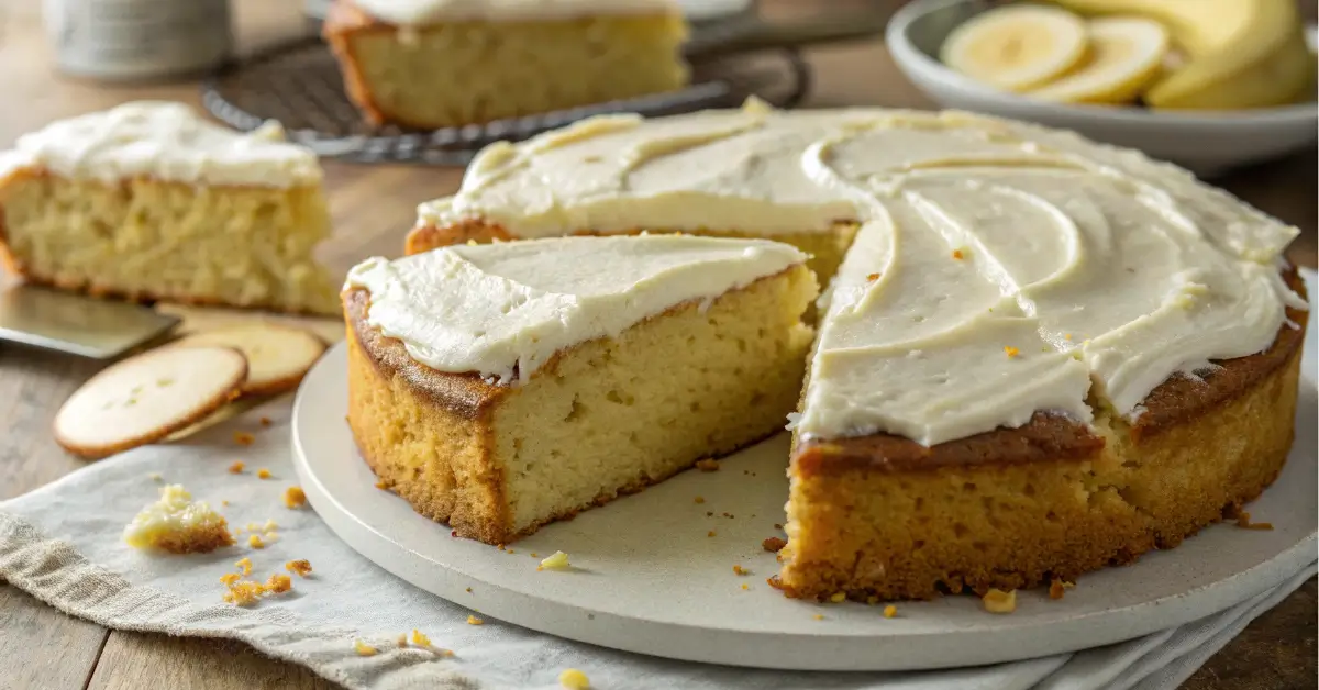 Banana cake using yellow cake mix with cream cheese frosting