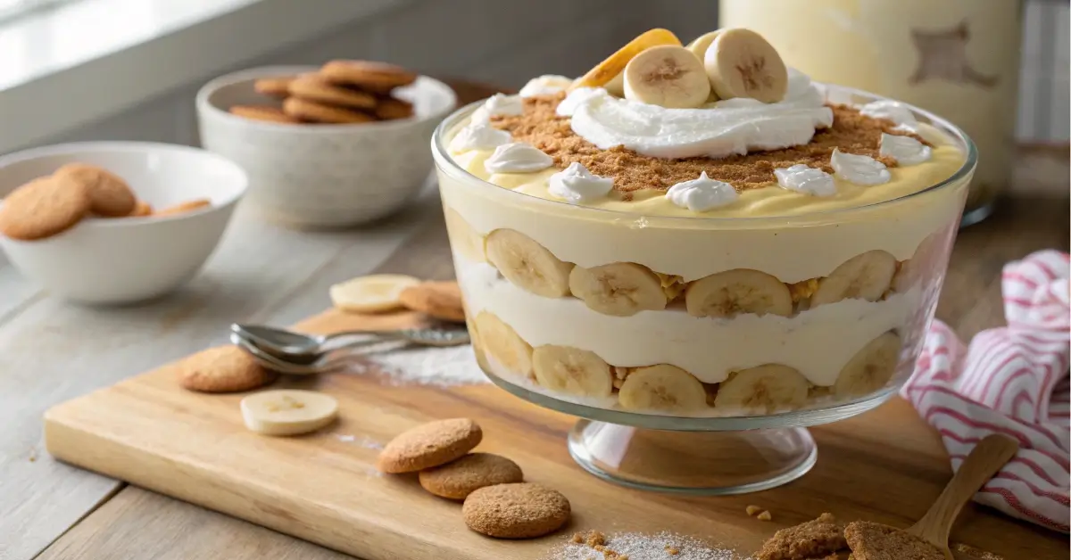 Banana pudding with Chessman cookies in a trifle bowl