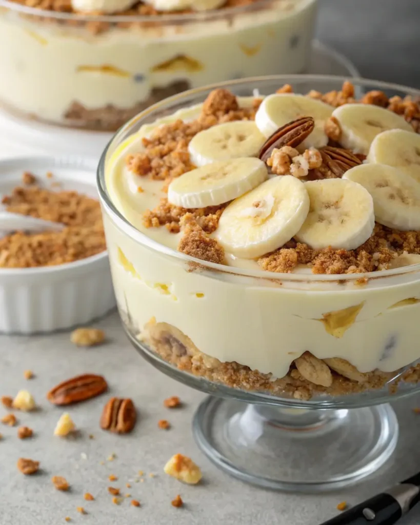 Banana pudding with toasted pecans and crushed cookies