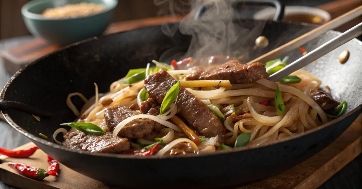 Beef ho fun cooking in wok with fresh ingredients