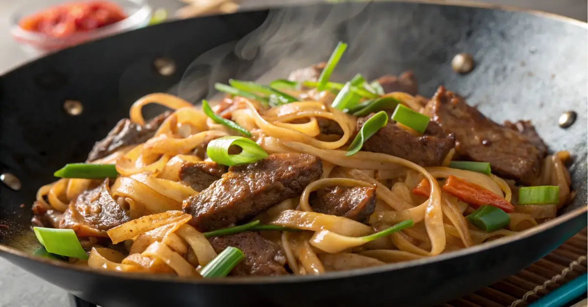 Beef ho fun noodles stir-fry with wide rice noodles and green onions