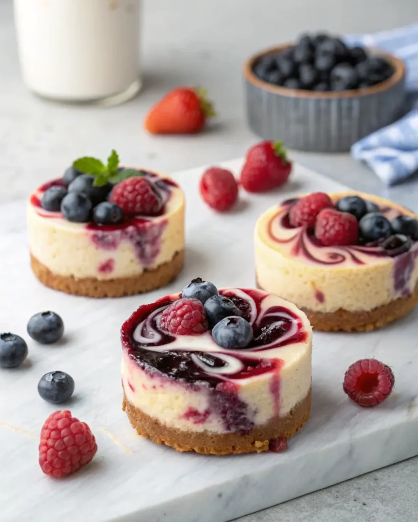 Berry Cheesecake Bite variations on a wooden board