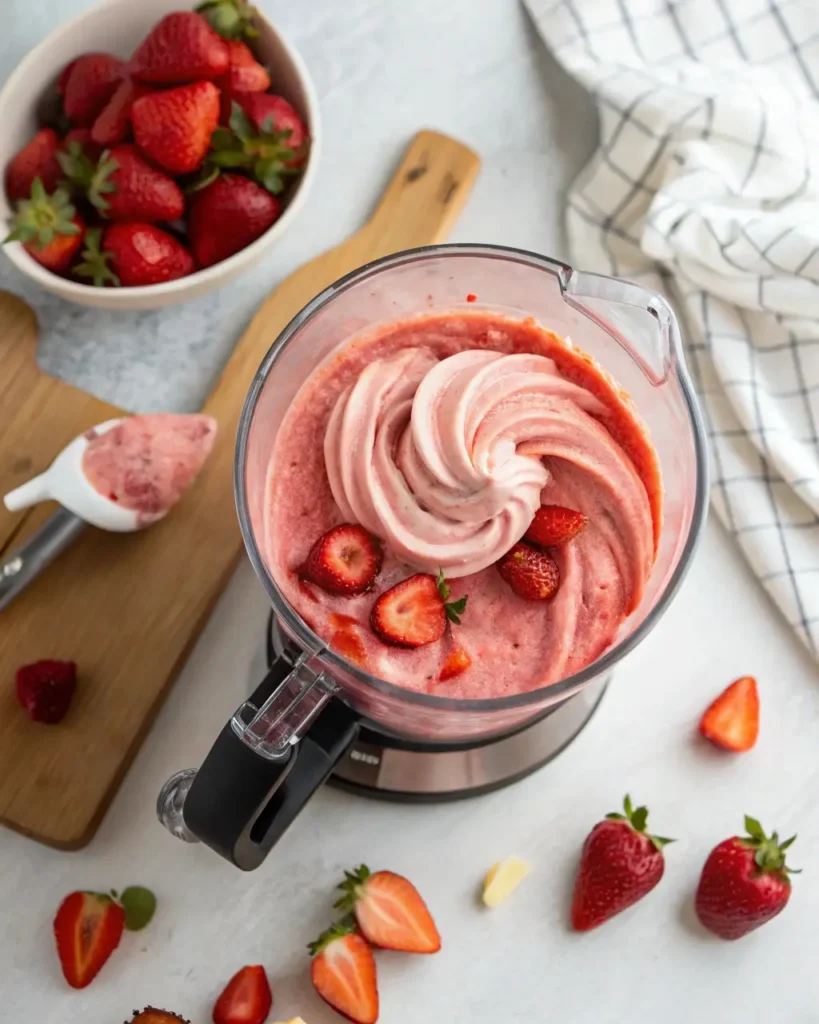 Blender making creamy strawberry Dole Whip at home