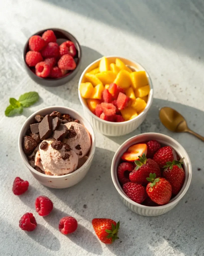 Bowls of Easy Strawberry Fluff variations with raspberry and chocolate