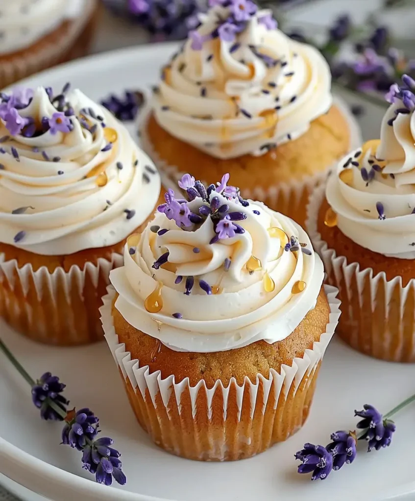 Bridal shower lavender honey cupcakes with edible flowers