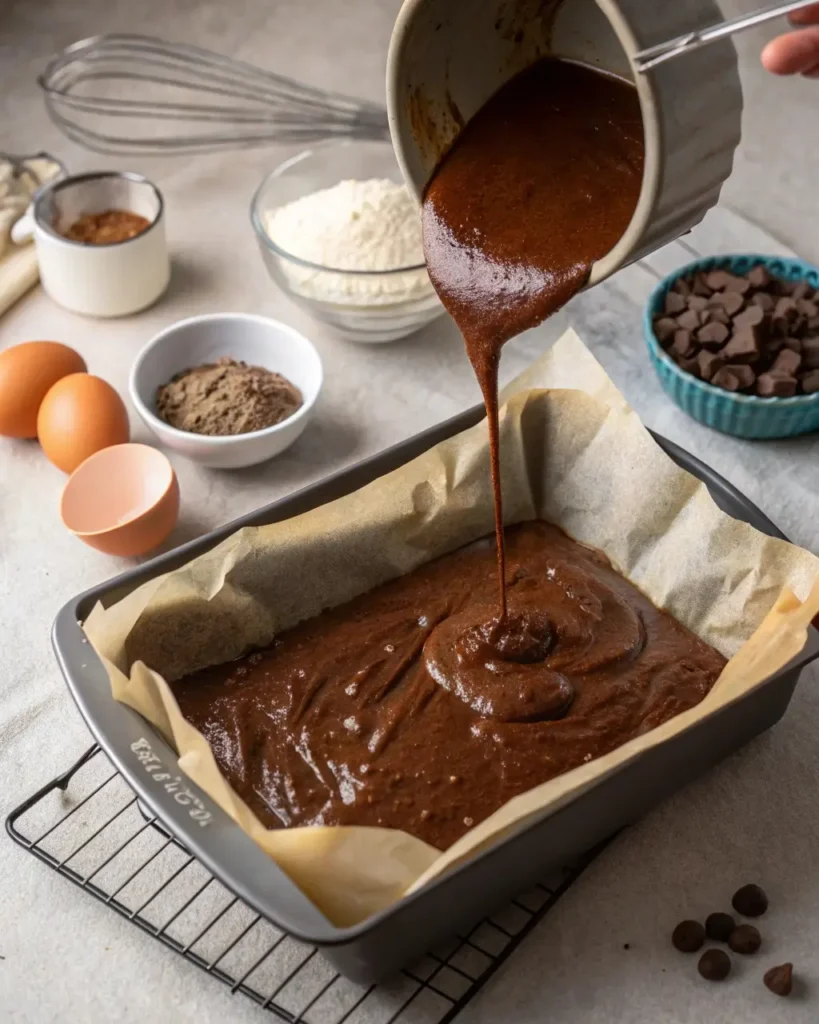 Brownie batter in a baking pan ready for cheesecake swirl