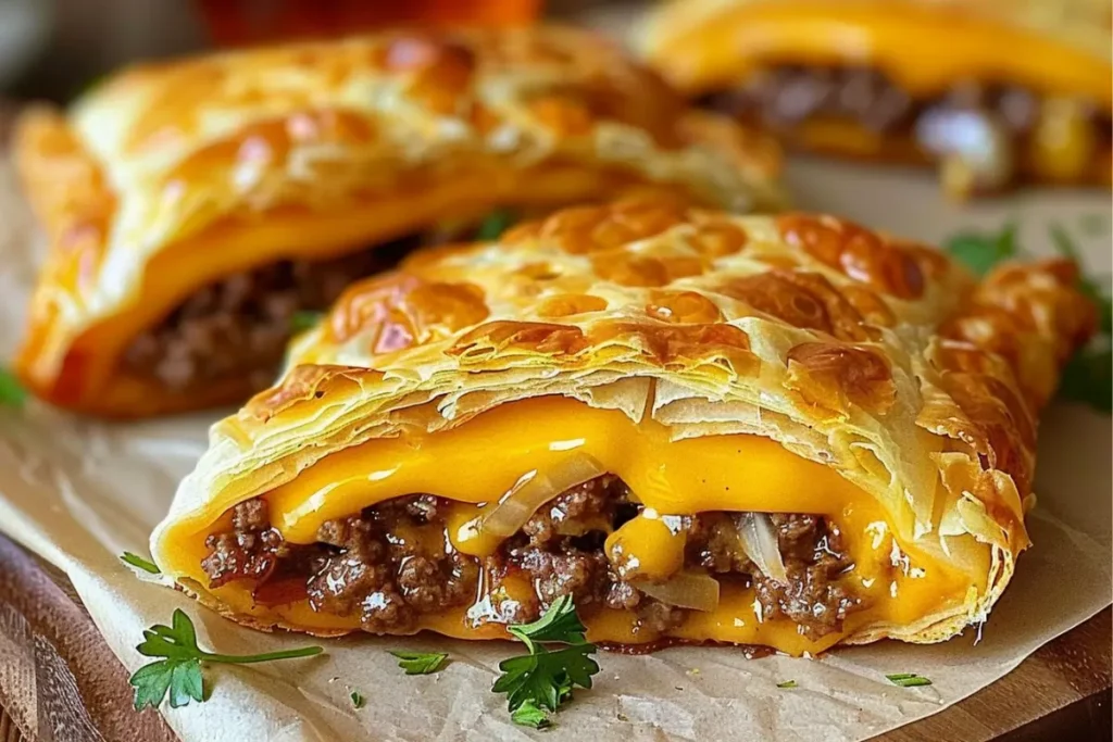 Cheeseburger pockets hot from the oven with melted cheese
