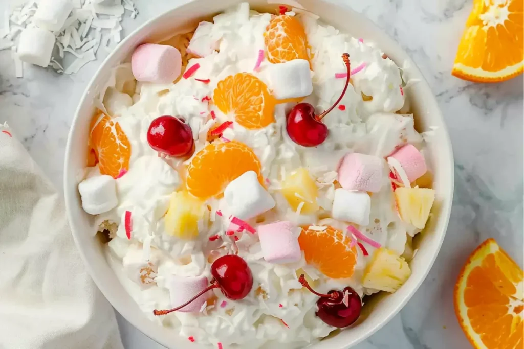 Classic Ambrosia Salad Recipe in glass bowl