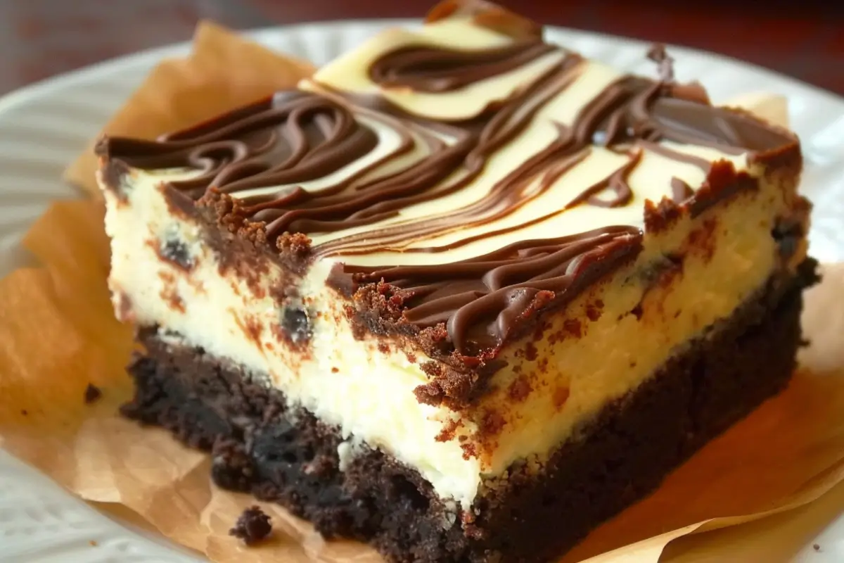 Close-up of cheesecake brownies with swirled cheesecake and brownie layers