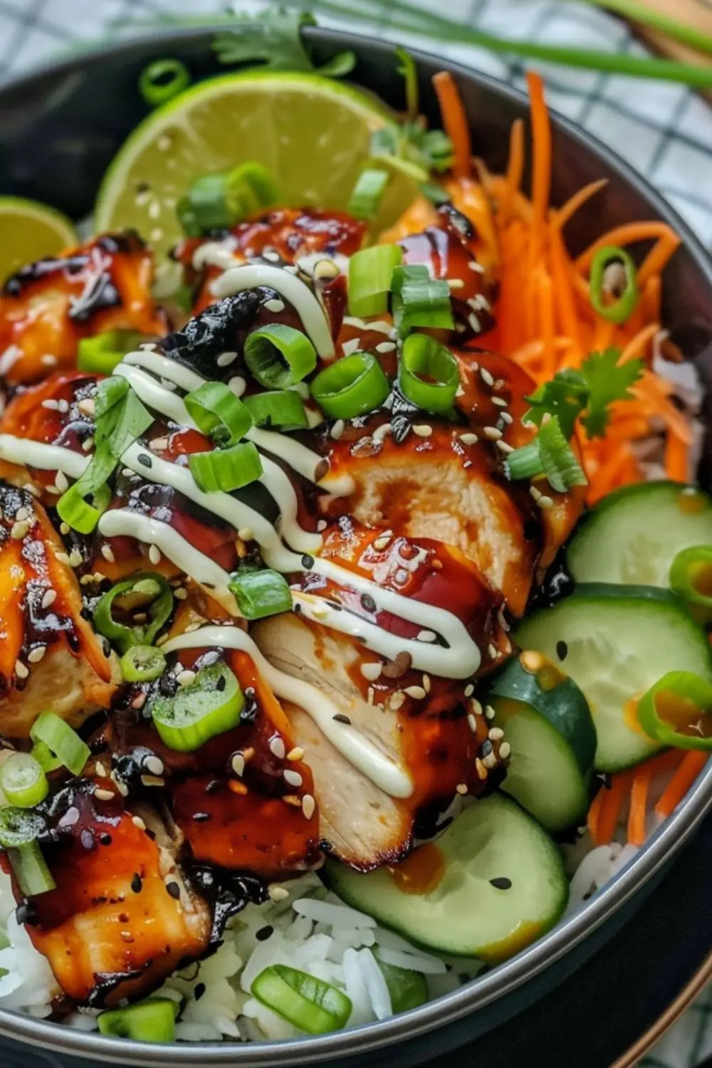 Close-up of sweet chili chicken rice bowl with glazed chicken, rice, cucumbers, and carrots
