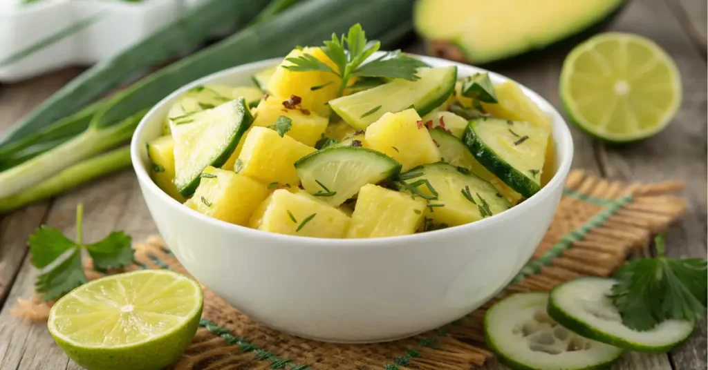 Close-up pineapple cucumber salad in white bowl