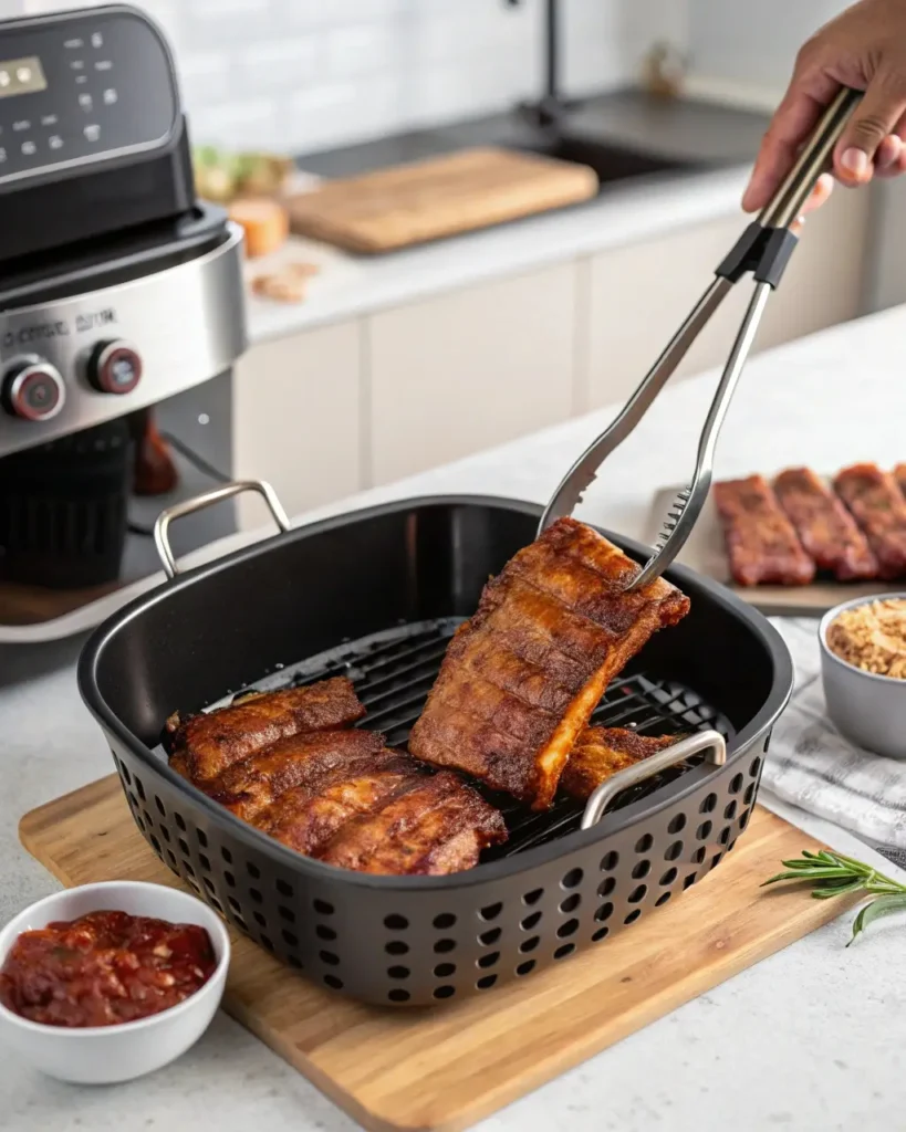 Cooking air fryer ribs and flipping for even crispness