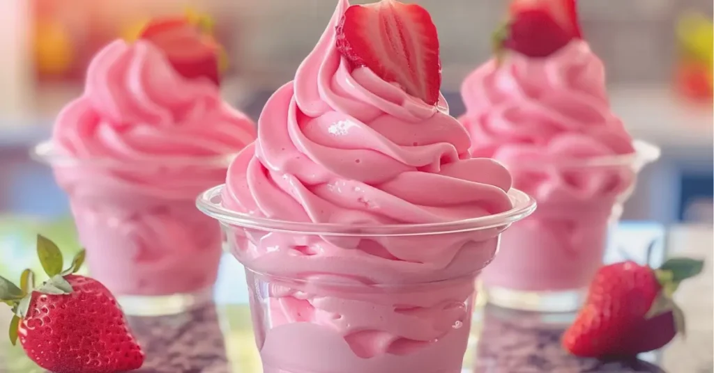 Creamy strawberry Dole Whip in cone summer dessert